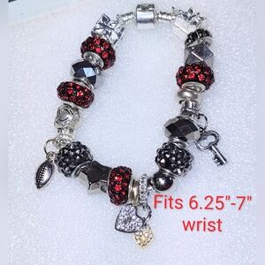 Big Bead Charm Bracelet Choice; Red Hearts or Silver Football Theme